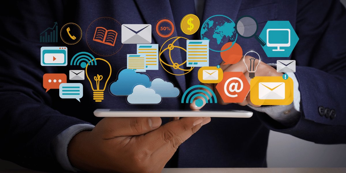 Tablet with different graphics of computer and idea related objects