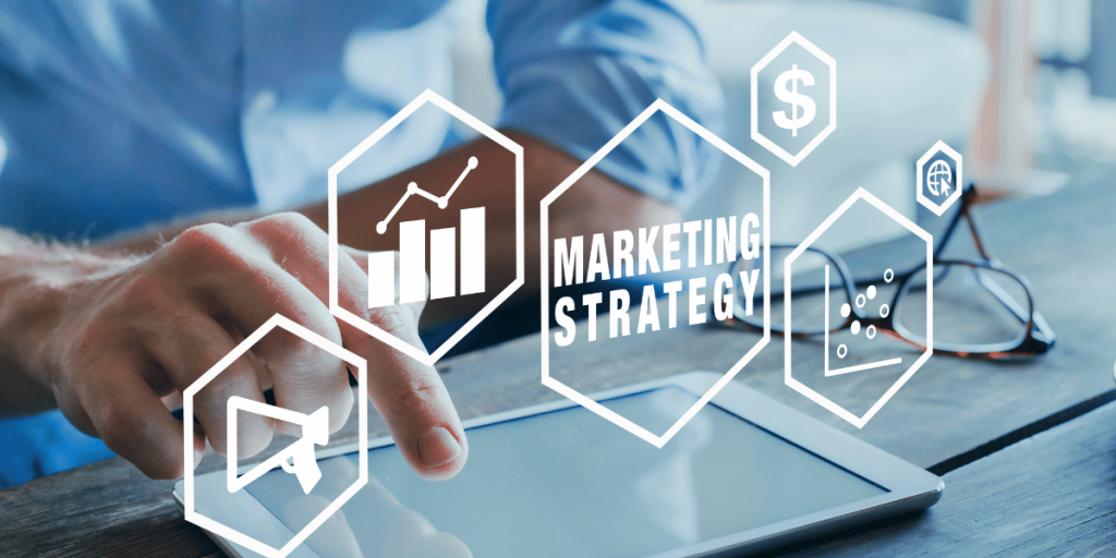 Graphic of person on tablet working on changes in real estate marketing strategy.